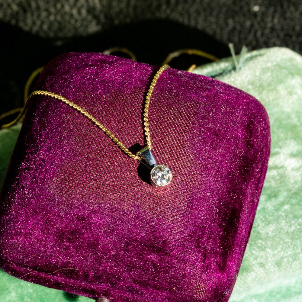 Old European Cut Diamond Pendant, 0.16ct Bezel Set Design 14k 14ct Gold.