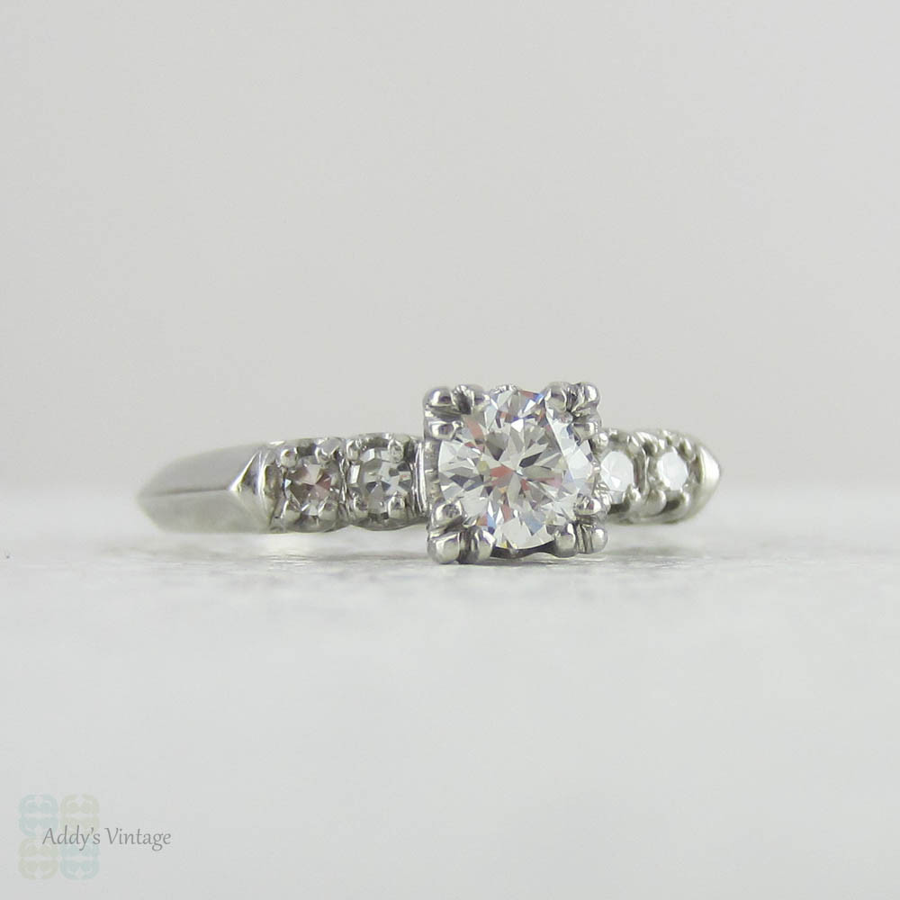 1930s Platinum & Diamond Engagement Ring. Transitional Cut Diamond Set in Fishtail Style Triple Claw Prongs with Knife Edge Setting.