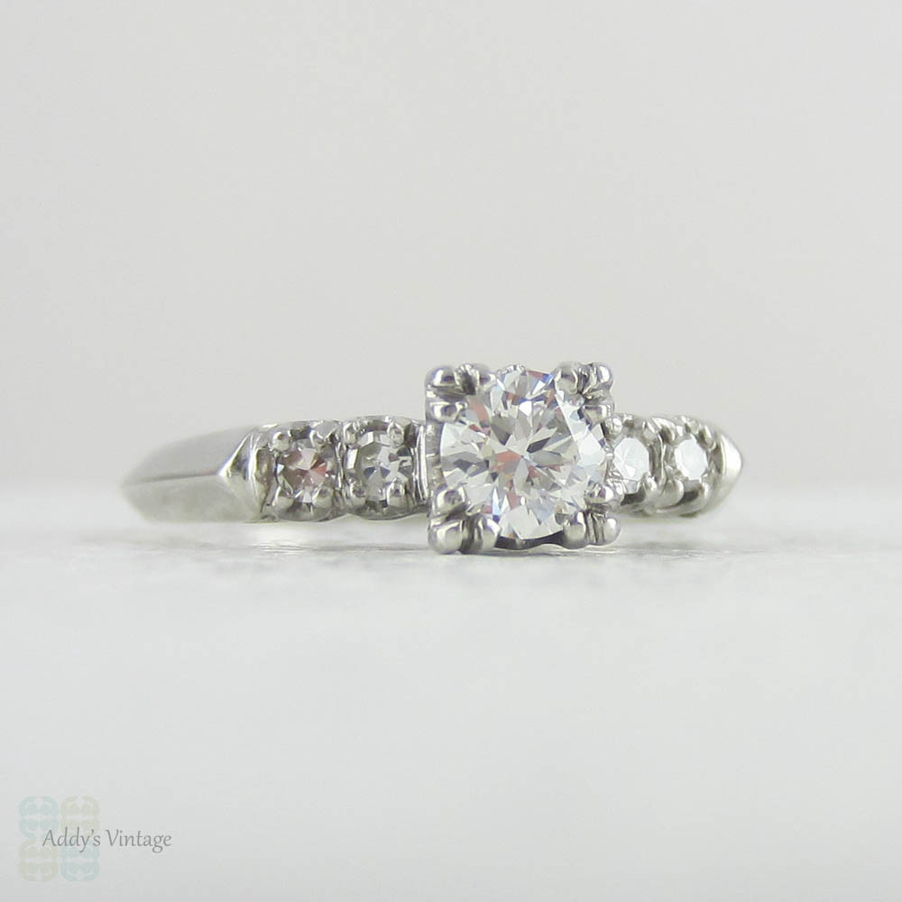 1930s Platinum & Diamond Engagement Ring. Transitional Cut Diamond Set in Fishtail Style Triple Claw Prongs with Knife Edge Setting.