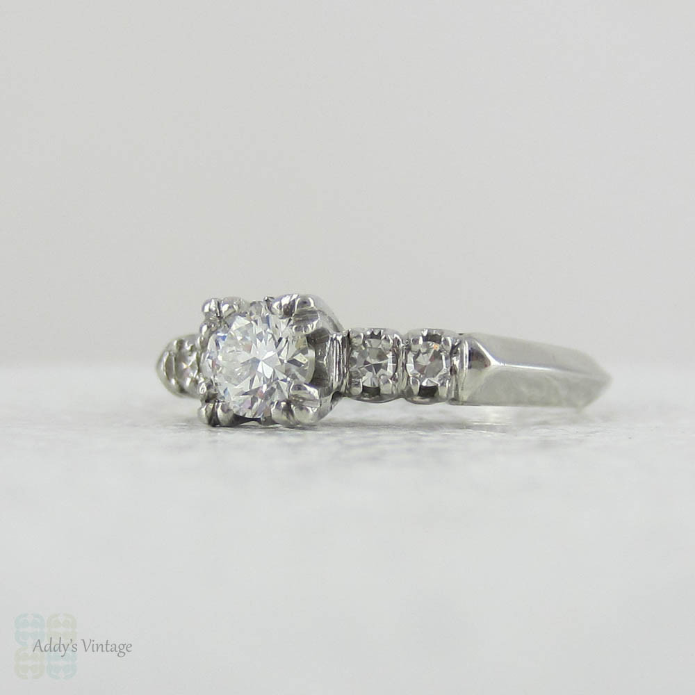 1930s Platinum & Diamond Engagement Ring. Transitional Cut Diamond Set in Fishtail Style Triple Claw Prongs with Knife Edge Setting.