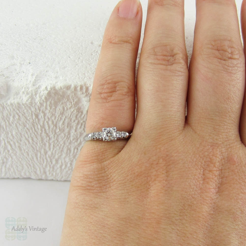 1930s Platinum & Diamond Engagement Ring. Transitional Cut Diamond Set in Fishtail Style Triple Claw Prongs with Knife Edge Setting.