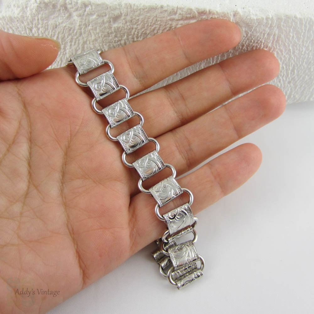 Vintage Engraved Bracelet. Victorian Style Floral Scroll Design Silver Tone Bracelet with Sterling Clasp.
