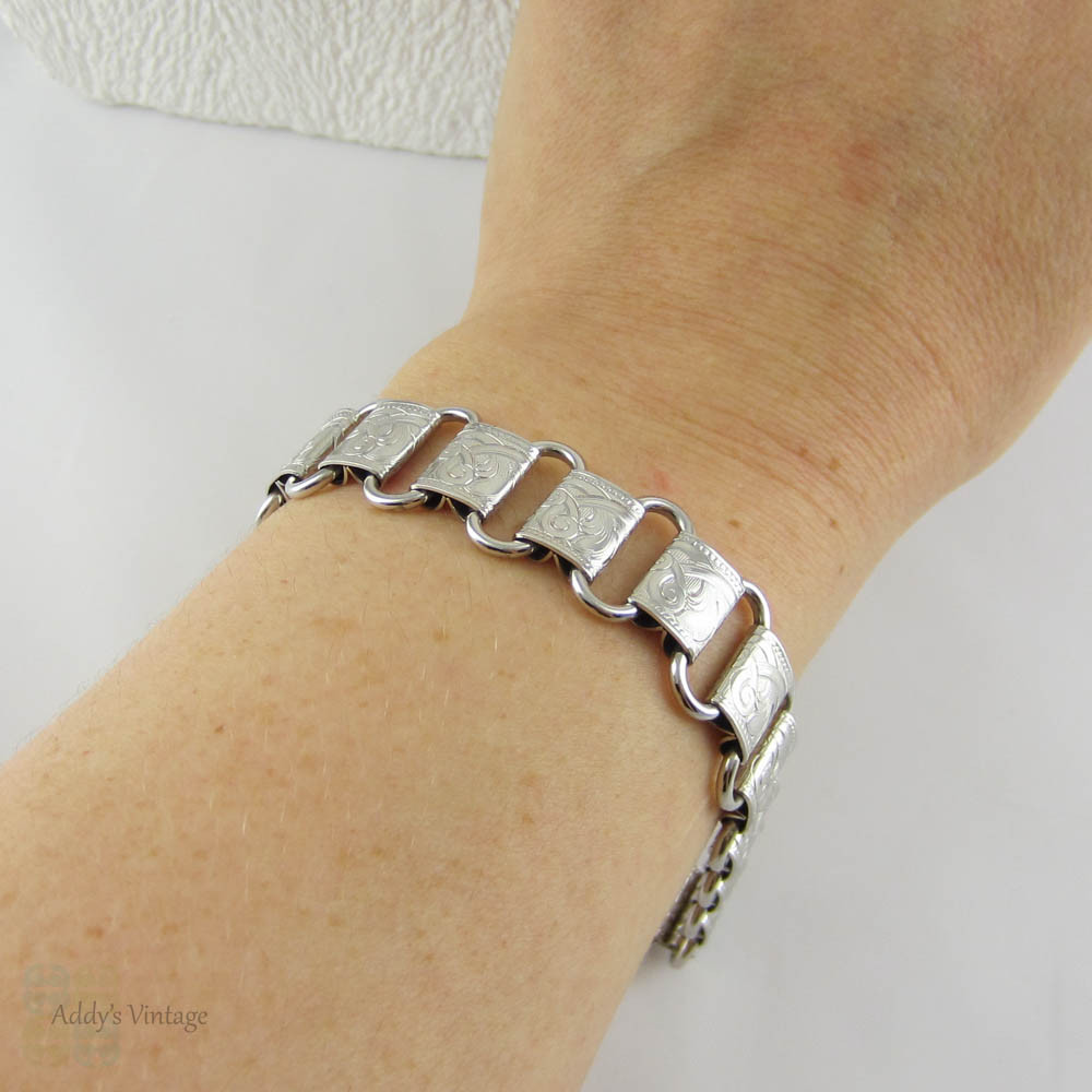 Vintage Engraved Bracelet. Victorian Style Floral Scroll Design Silver Tone Bracelet with Sterling Clasp.