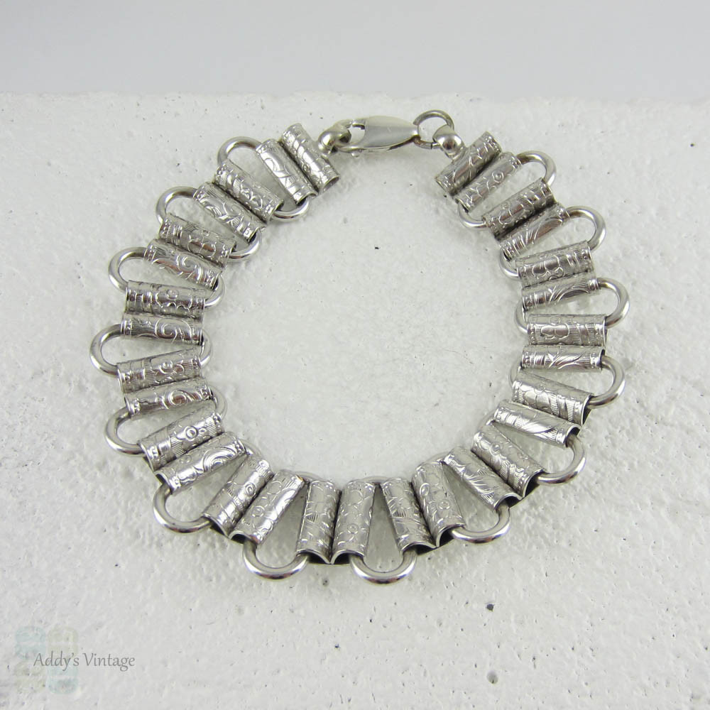 Vintage Engraved Bracelet. Victorian Style Floral Scroll Design Silver Tone Bracelet with Sterling Clasp.