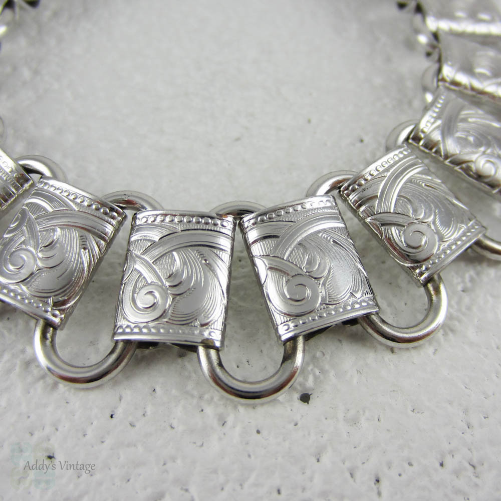 Vintage Engraved Bracelet. Victorian Style Floral Scroll Design Silver Tone Bracelet with Sterling Clasp.