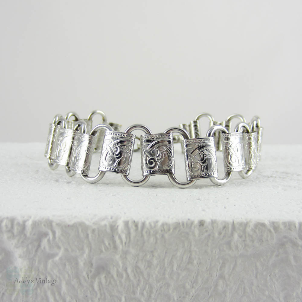Vintage Engraved Bracelet. Victorian Style Floral Scroll Design Silver Tone Bracelet with Sterling Clasp.