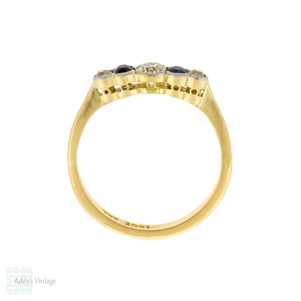 RESERVED Old Mine Cut Diamond & Sapphire Five Stone Ring, 18ct Antique Alternating Bezel Band.
