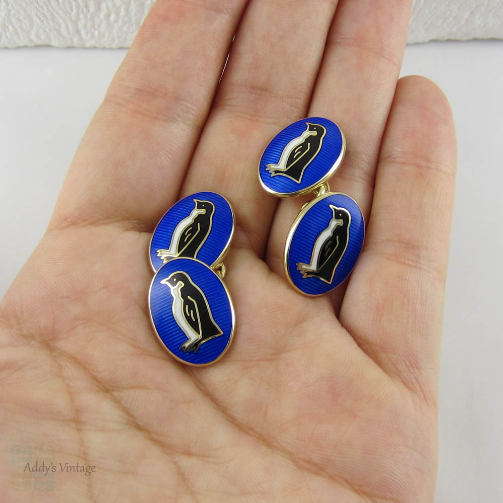 Men's Blue Enamel Penguin Cuff Links, Sterling Silver with Gold Gilt by Deacon & Francis.