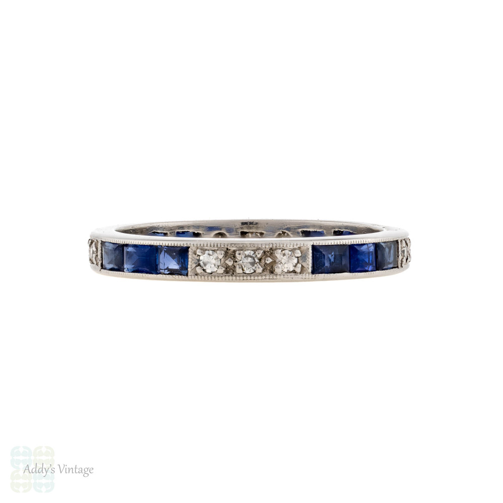 Sapphire & Diamond 18ct Eternity Ring, Vintage Full Hoop Wedding Band Size L.5 / 6.25.