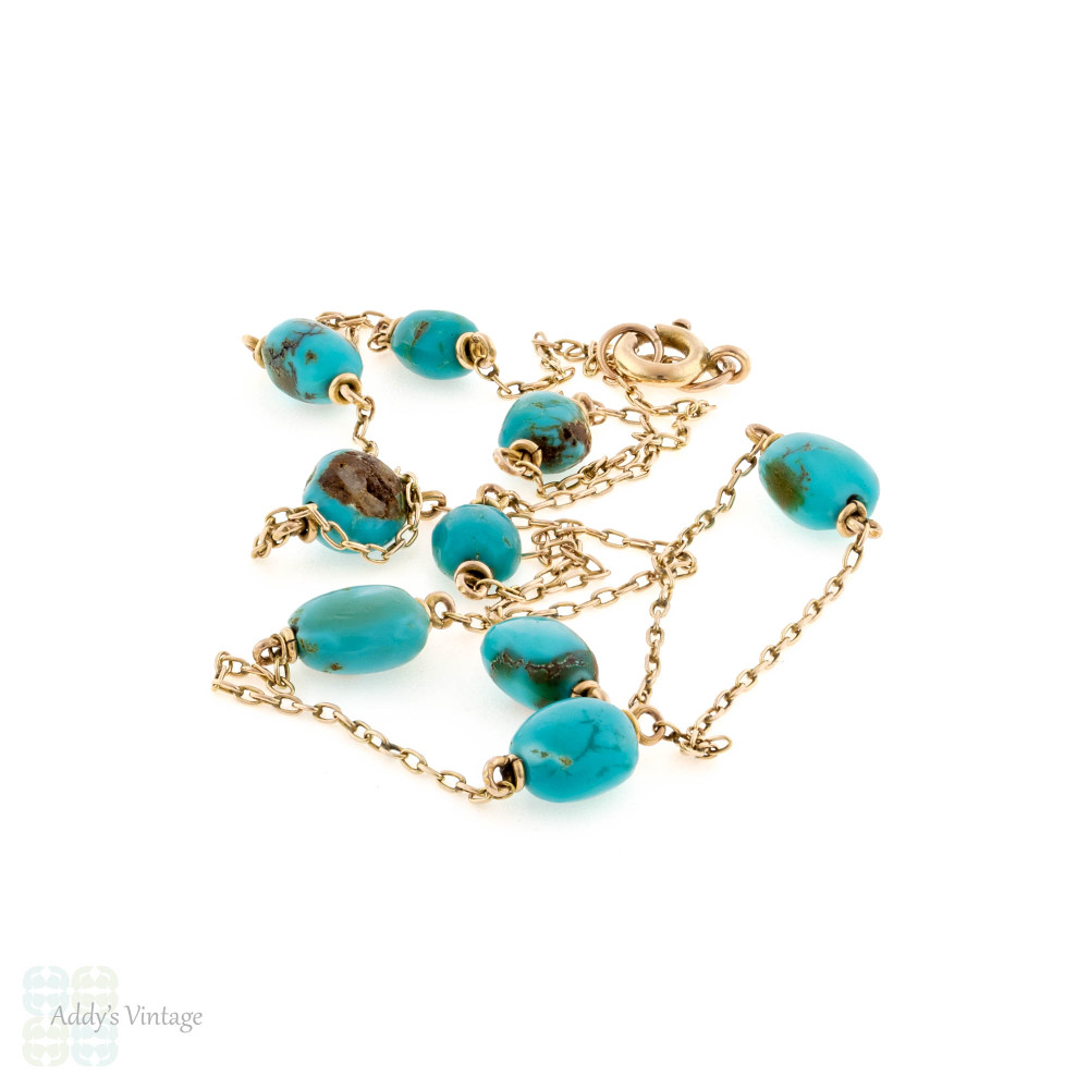 Antique Turquoise Station Necklace, Edwardian 9ct 9k Gold Chain, 42 cm / 16.5 inches.