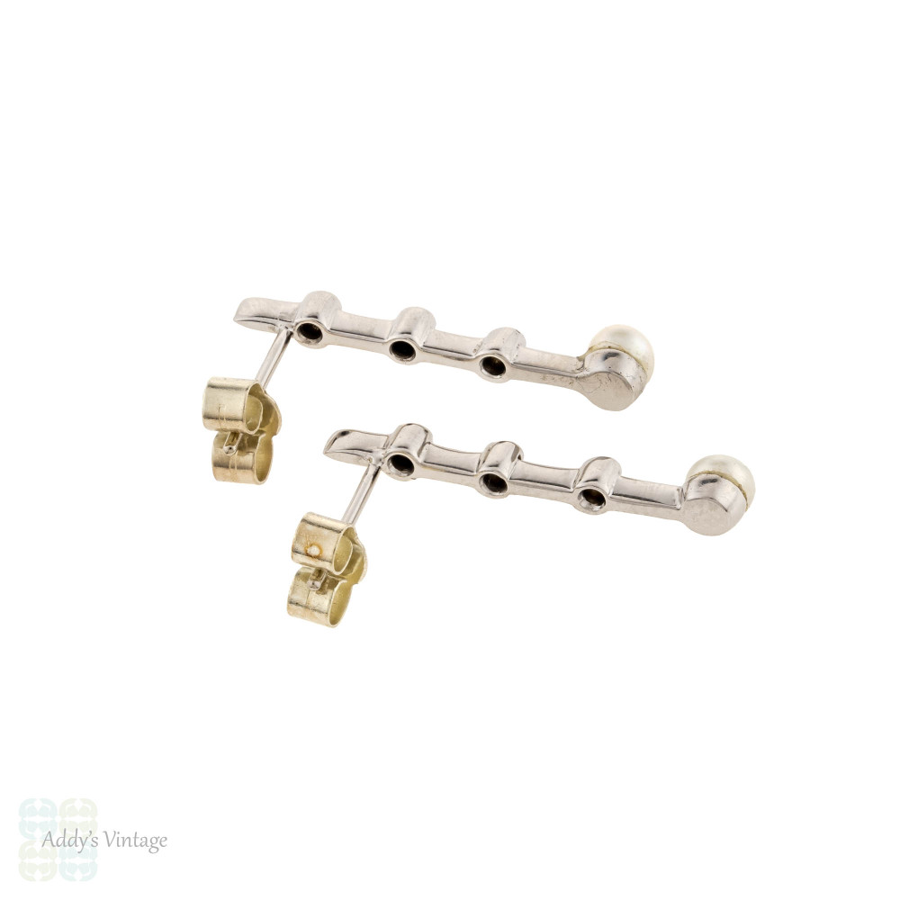 Old Cut Diamond & Cultured Pearl Bar Stud Earrings, Vintage 1940s 9ct 9k White Gold.