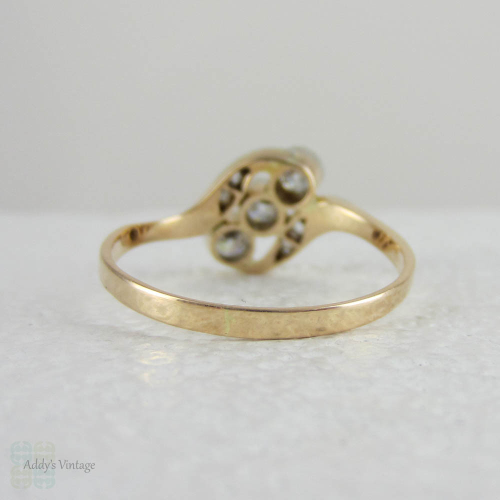 Art Nouveau Twist Shaped Diamond Engagement Ring, Old European & Rose Cut Diamonds in Bypass Style Design.