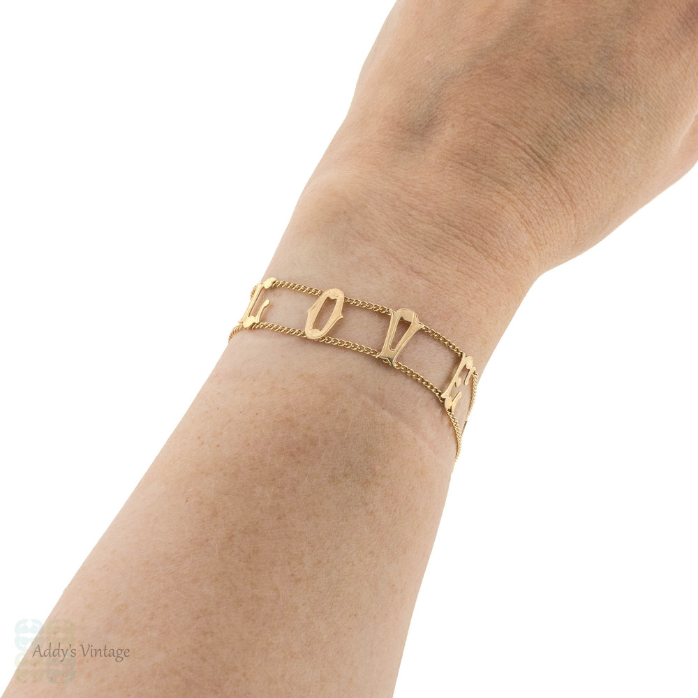 Vintage I LOVE YOU 9ct Gold Bracelet, Circa 1960s 9k Rose Gold London Hallmarks.
