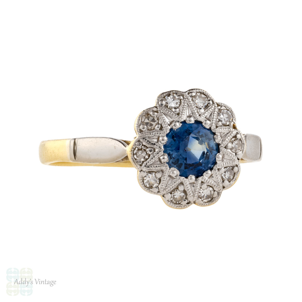 Floral Sapphire & Diamond Engagement Ring, Art Deco 18ct & Platinum Vintage Ring.