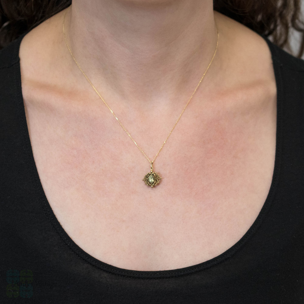 Antique Chrysoberyl Etruscan Revival 9ct Gold Pendant, Fan Design Beaded Charm.