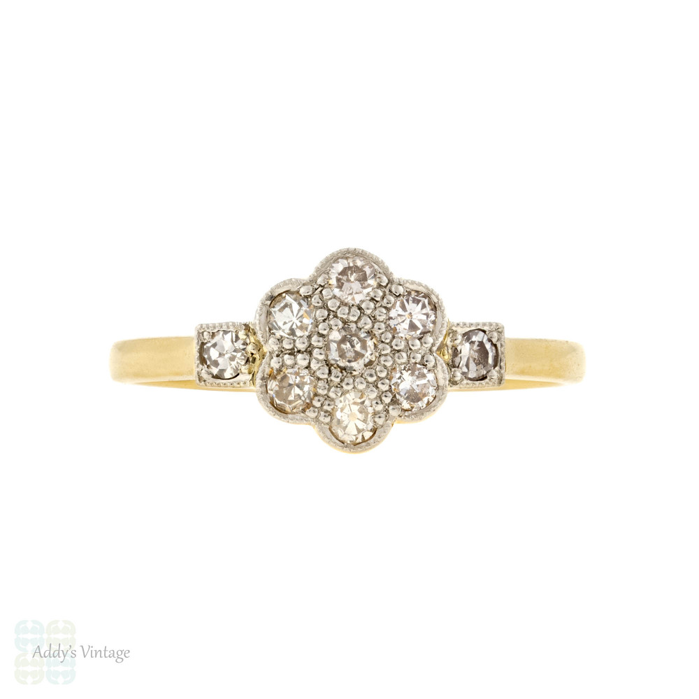 Art Deco Diamond Daisy Ring, Vintage Floral Shape Cluster 18ct & Plat.