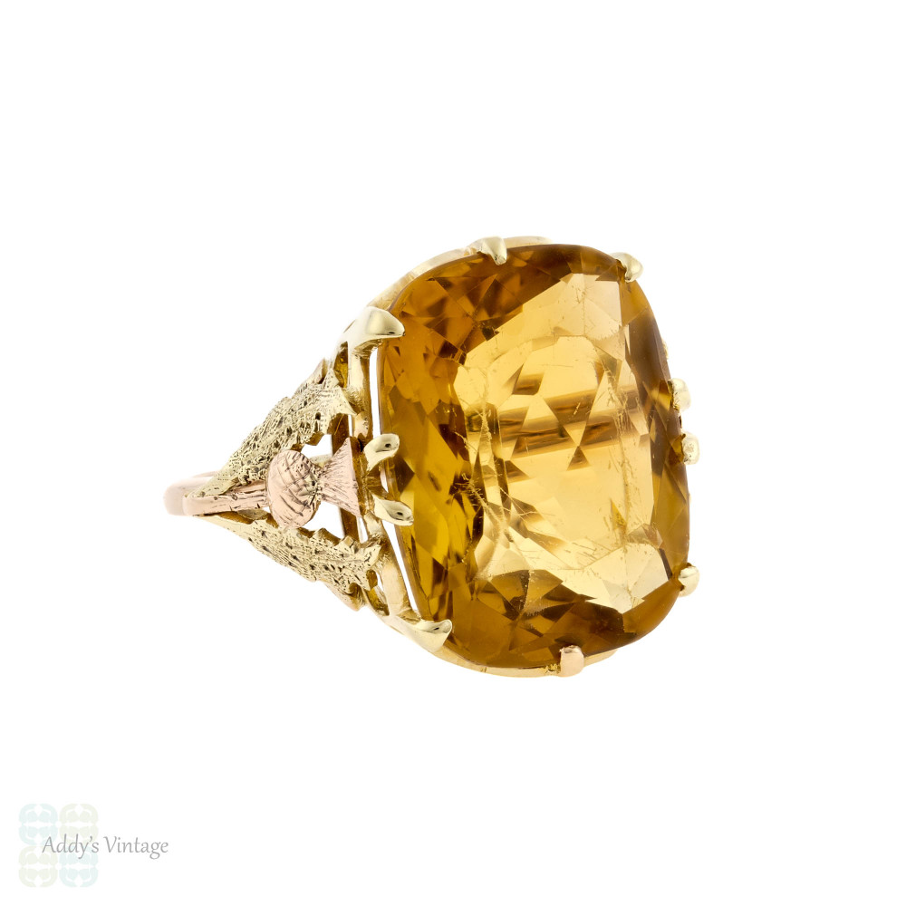 RESERVED, Citrine Cushion Cut Vintage Ring, Thistle Engraved 9ct 9k Yellow, Rose, Green Gold Ring.