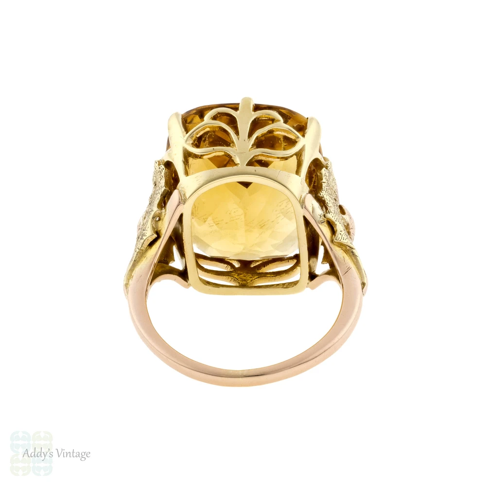 RESERVED, Citrine Cushion Cut Vintage Ring, Thistle Engraved 9ct 9k Yellow, Rose, Green Gold Ring.