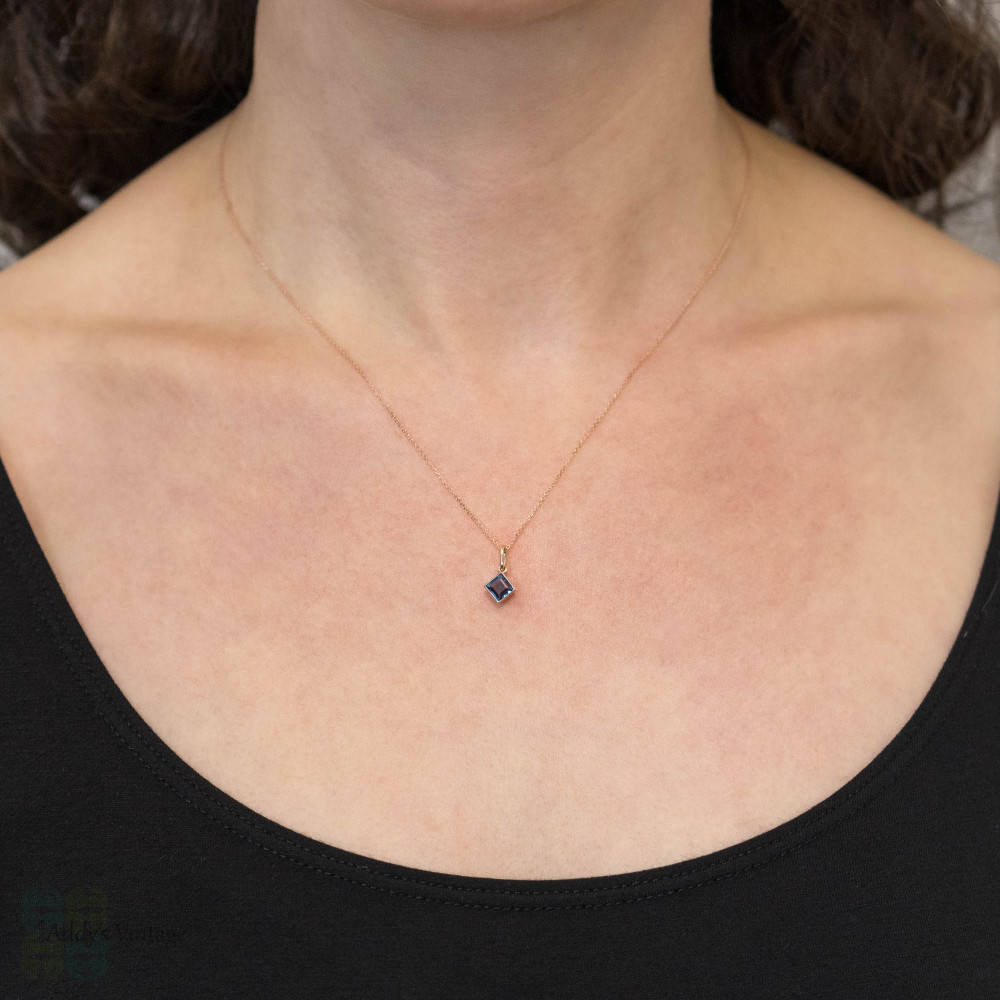 Antique Blue Sapphire Bezel Pendant, Step Cut Sapphire in 15ct & Platinum.