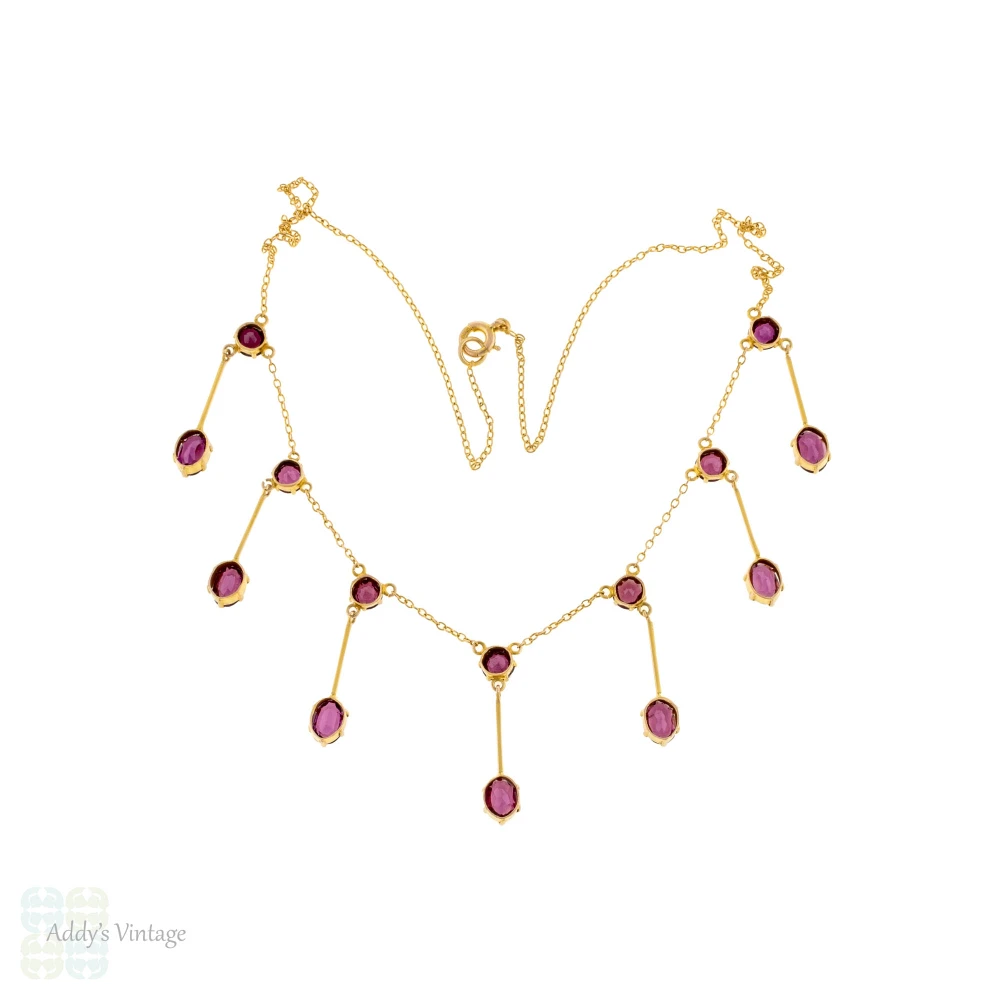 Antique 9ct Gold Garnet Fringe Necklace, Edwardian Almandine Garnet Chain.