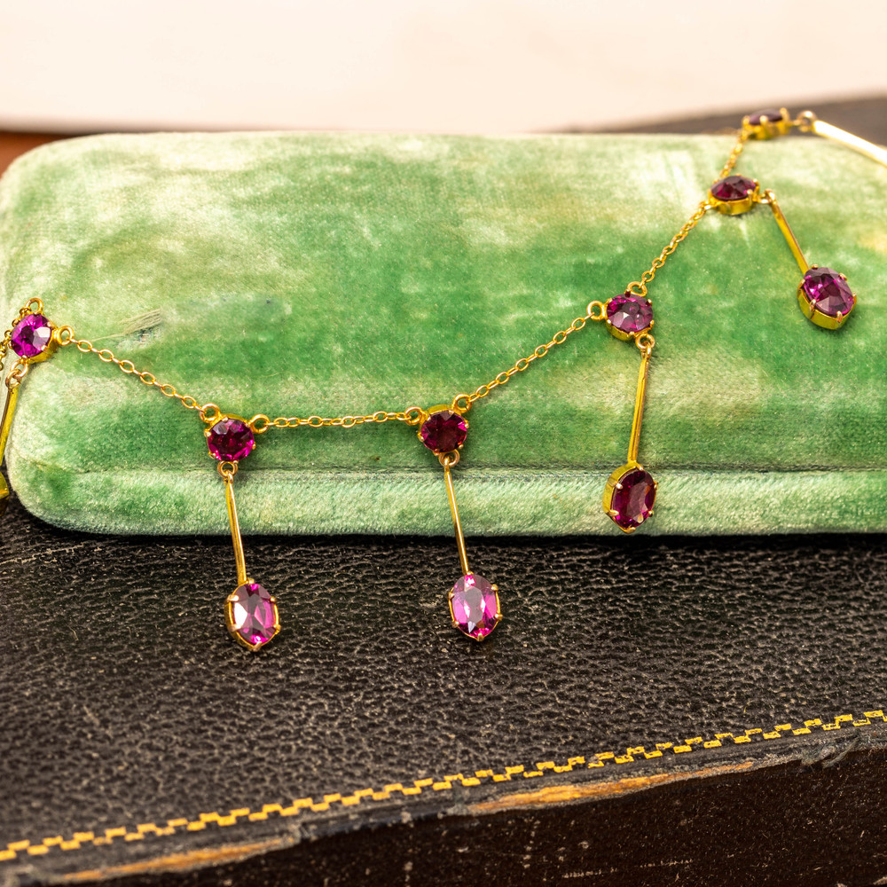 Antique 9ct Gold Garnet Fringe Necklace, Edwardian Almandine Garnet Chain.