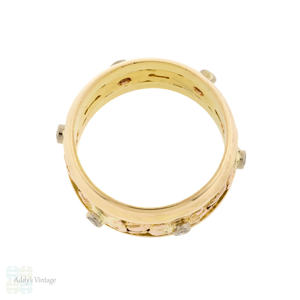 Retro Diamond 14k Rose & Yellow Gold Floral Eternity Ring, Wide Wedding Band Size M / 6.25.