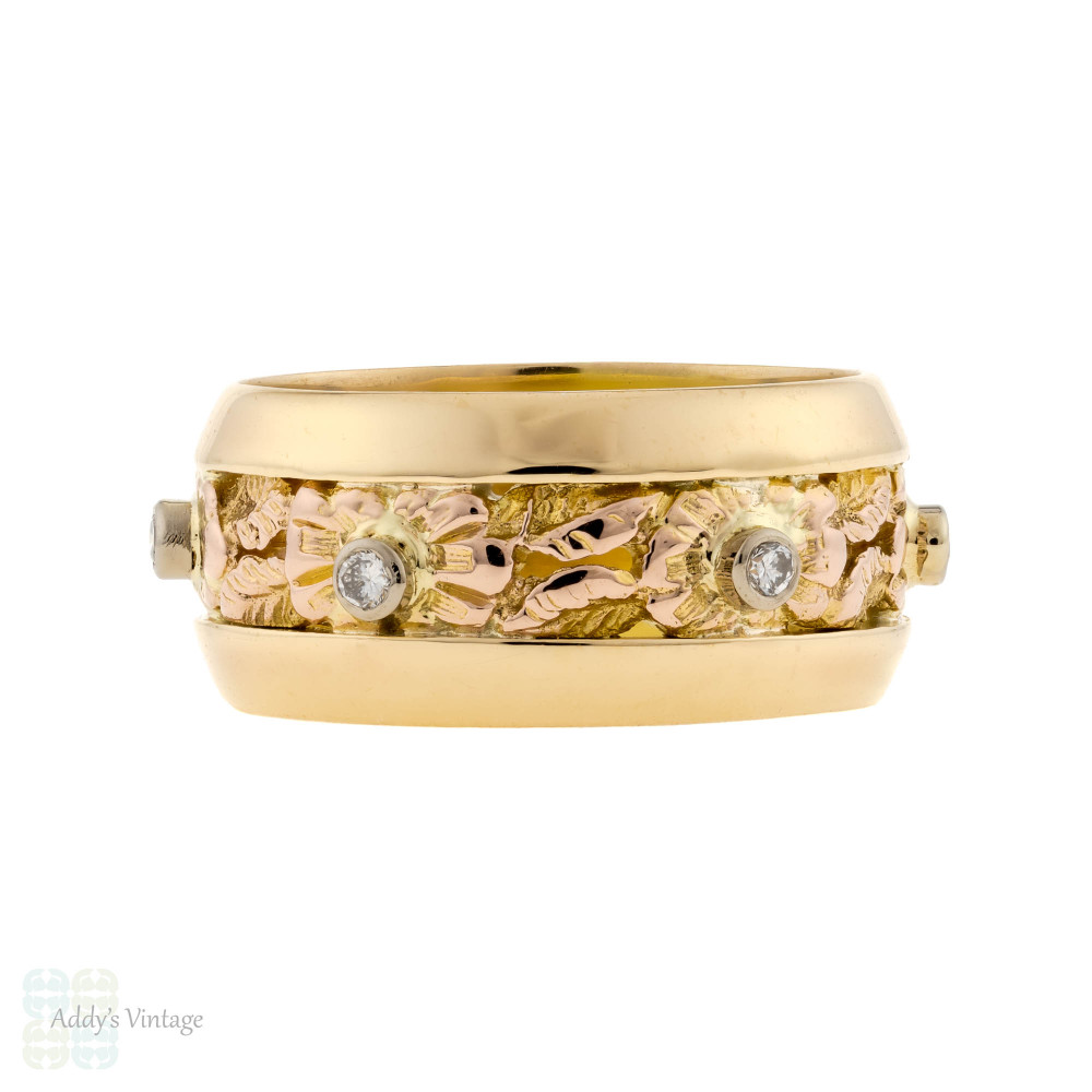 Retro Diamond 14k Rose & Yellow Gold Floral Eternity Ring, Wide Wedding Band Size M / 6.25.