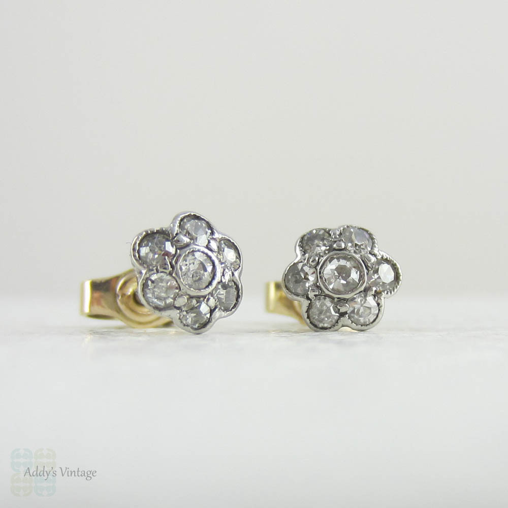 Sweet Antique Diamond Stud Earrings, Daisy Shaped Diamond Cluster Stud