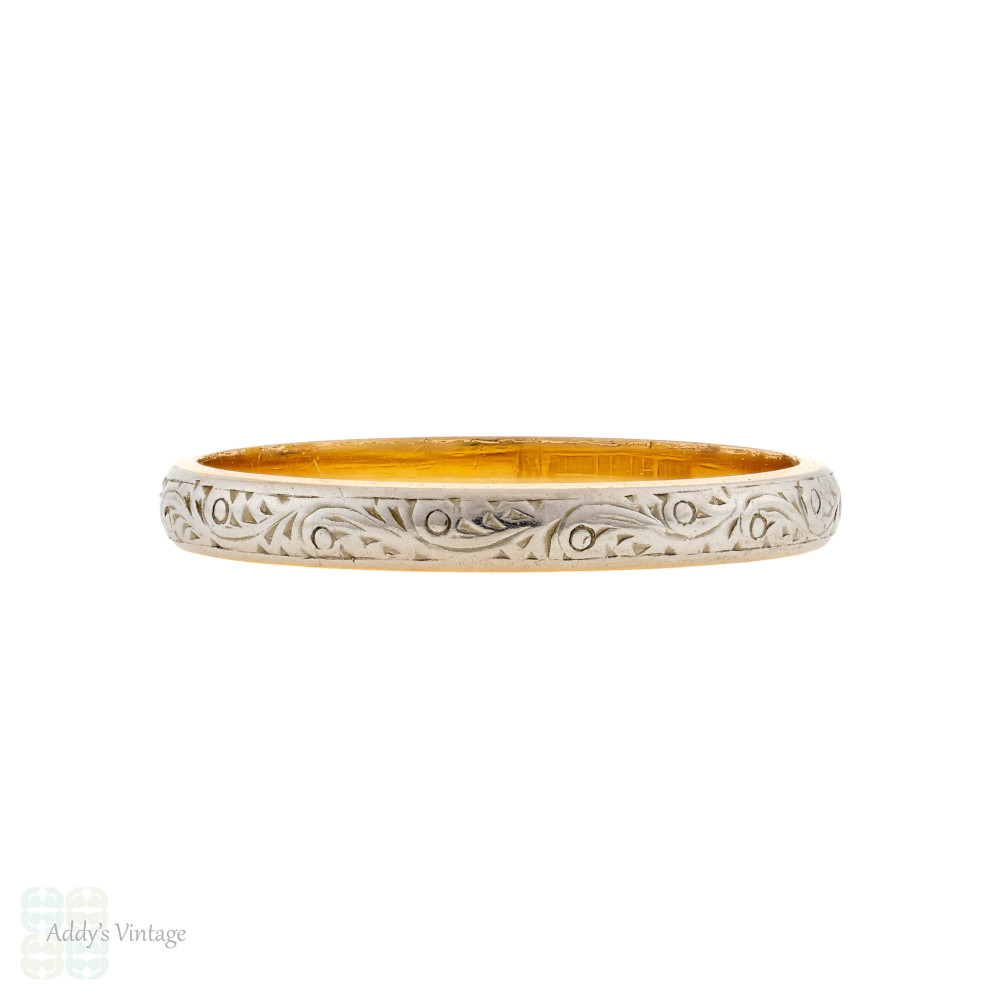 Engraved 22ct & Platinum Wedding Band, Vintage 1950s Floral Design Ring Size M / 6.25.