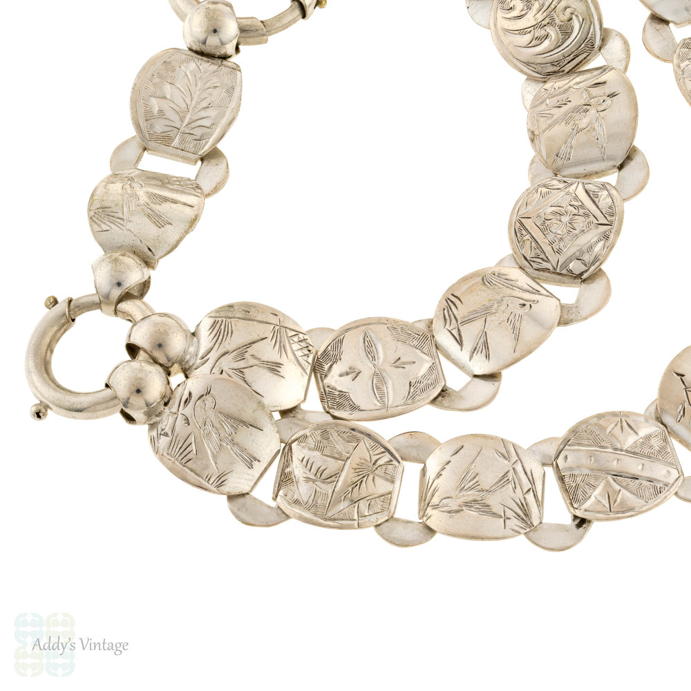 Victorian Aesthetic Movement Sterling Silver Book Chain, Nature Bird & Flower Theme.