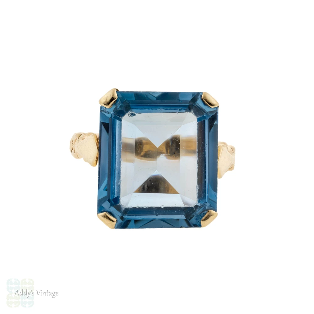 Huge Synthetic Blue Spinel Vintage Cocktail Ring with Engraved 9ct Gold Band.