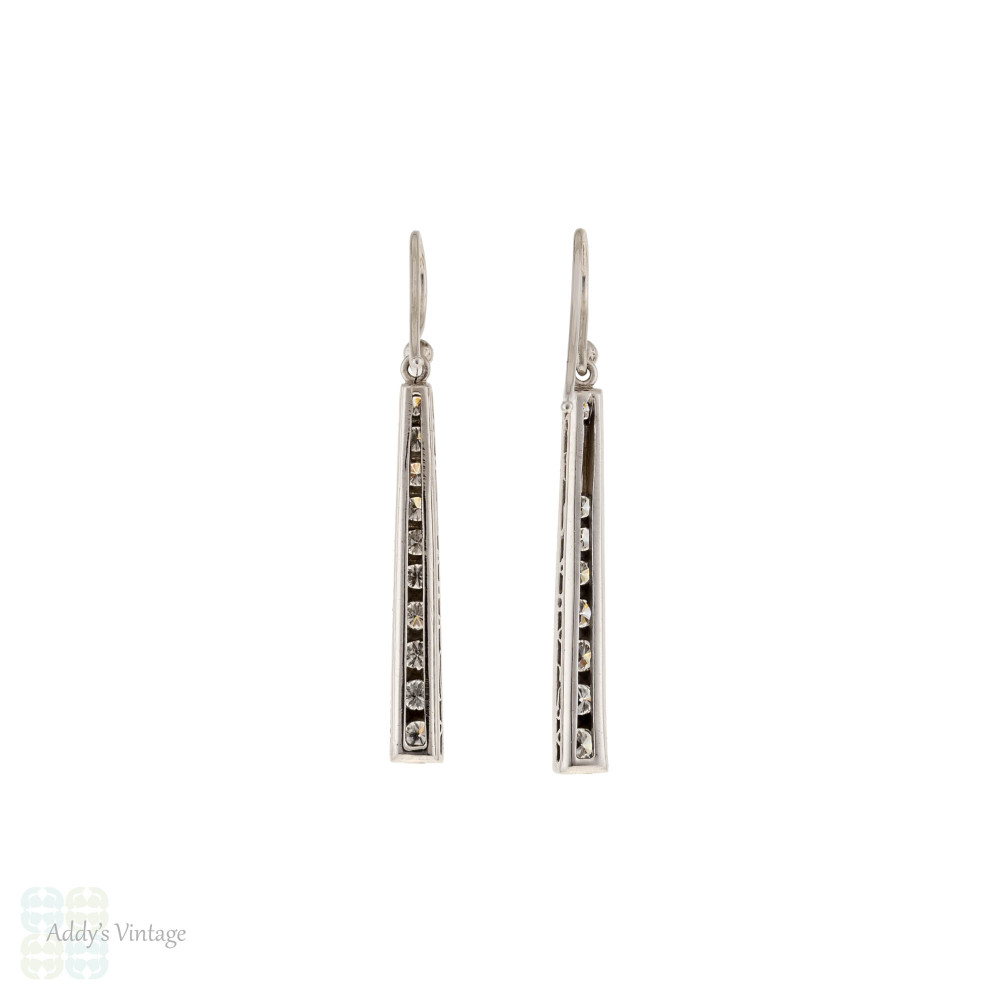 Vintage Diamond Line Earrings 1.10ctw 18ct 18k White Gold Graduated Drops.