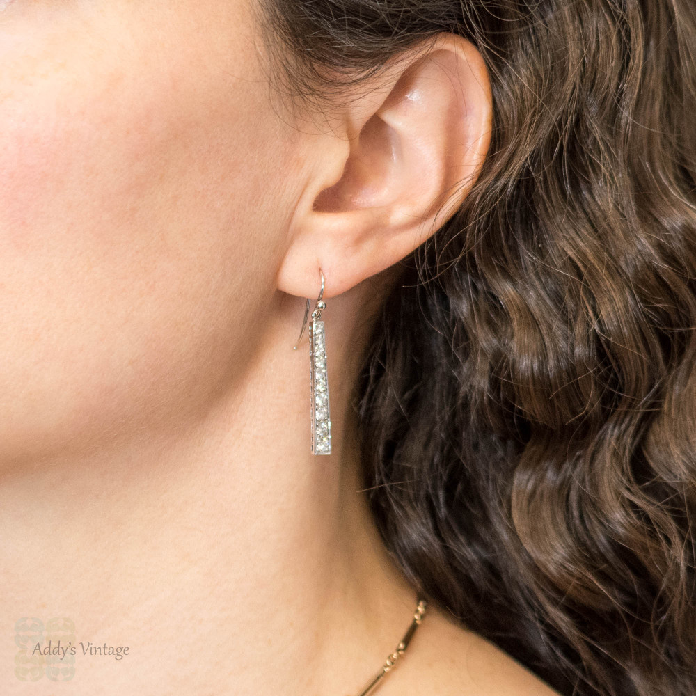 Vintage Diamond Line Earrings 1.10ctw 18ct 18k White Gold Graduated Drops.