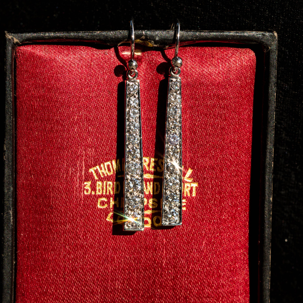 Vintage Diamond Line Earrings 1.10ctw 18ct 18k White Gold Graduated Drops.