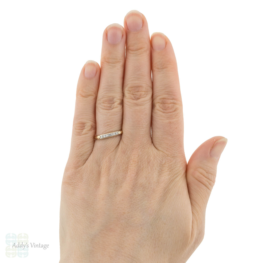 Diamond Channel Set 14k Two Tone Gold Band, Vintage Half Hoop Wedding Ring.
