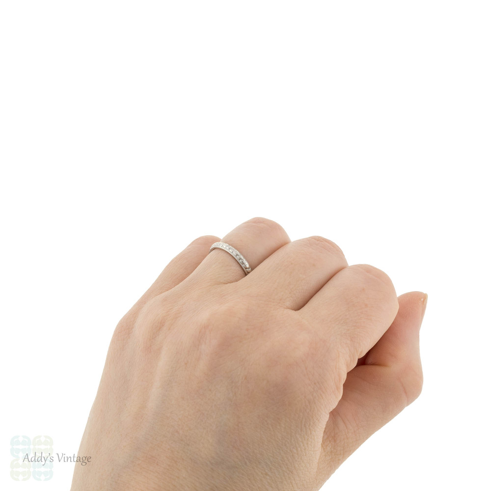 Antique Orange Blossom Engraved Platinum Wedding Band,  Flower Design Ring  Size M / 6.25.