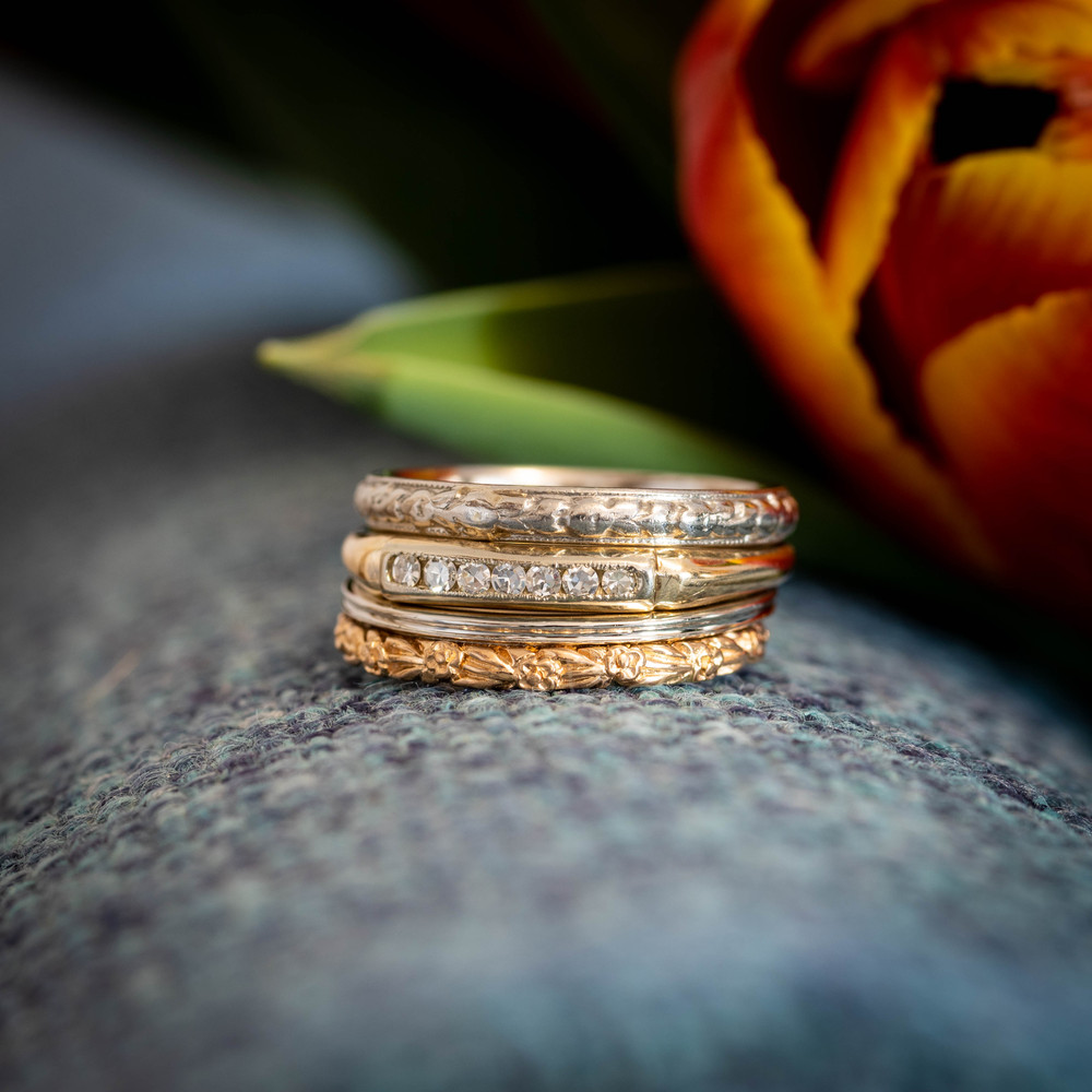 Antique Orange Blossom Engraved Platinum Wedding Band,  Flower Design Ring  Size M / 6.25.