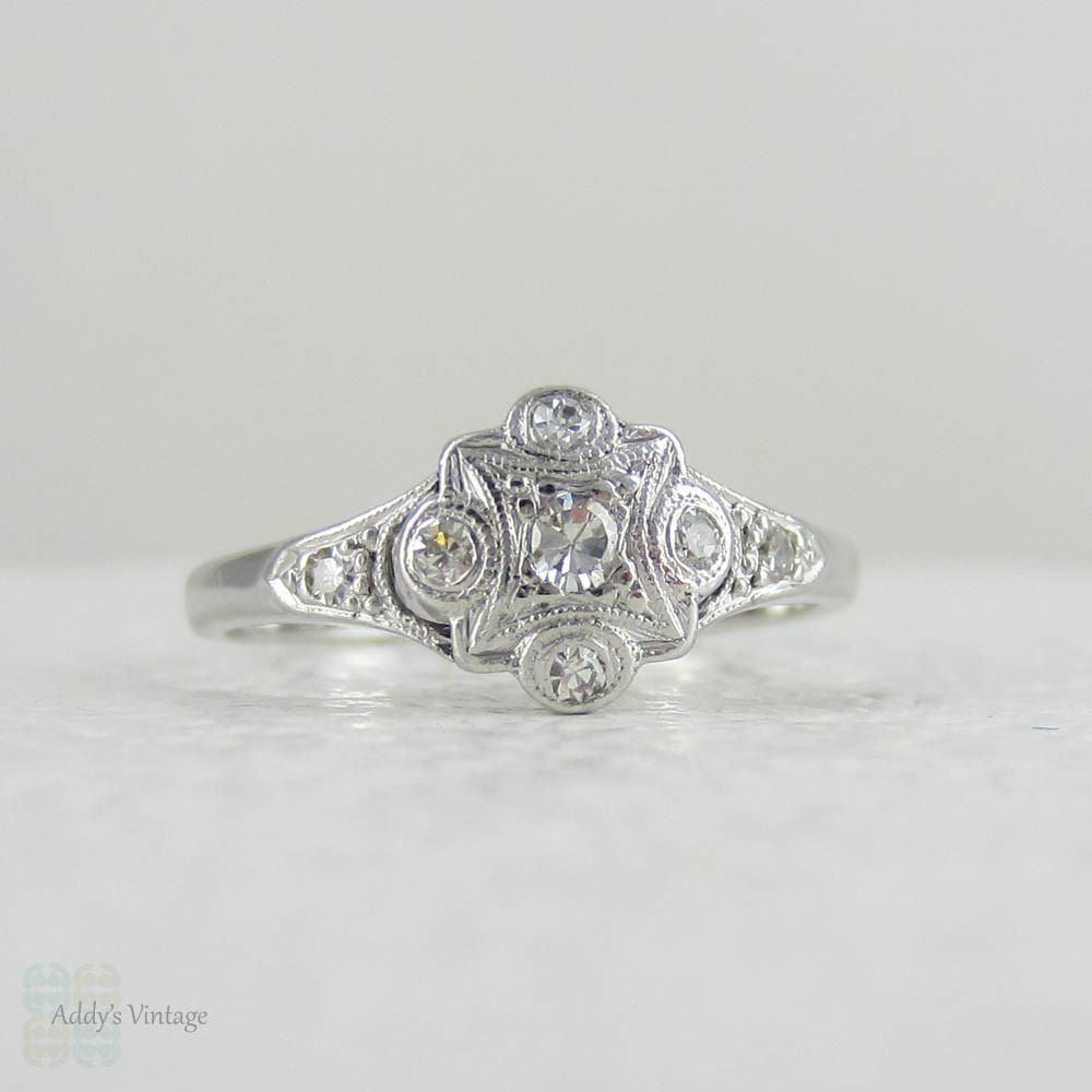 Elegant Art Deco Diamond Engagement Ring, Geometric Diamond Cluster in 18 Carat White Gold.