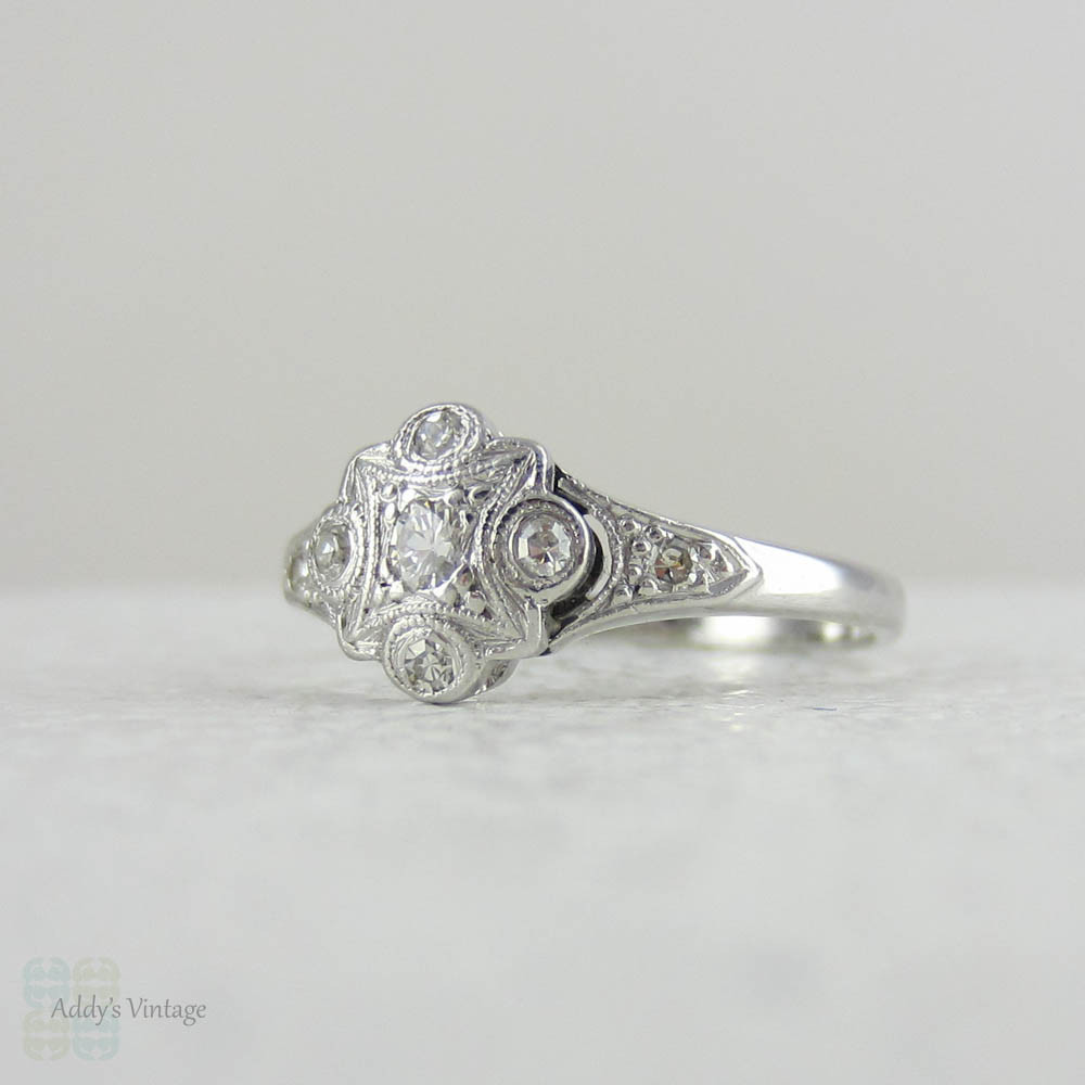 Elegant Art Deco Diamond Engagement Ring, Geometric Diamond Cluster in 18 Carat White Gold.