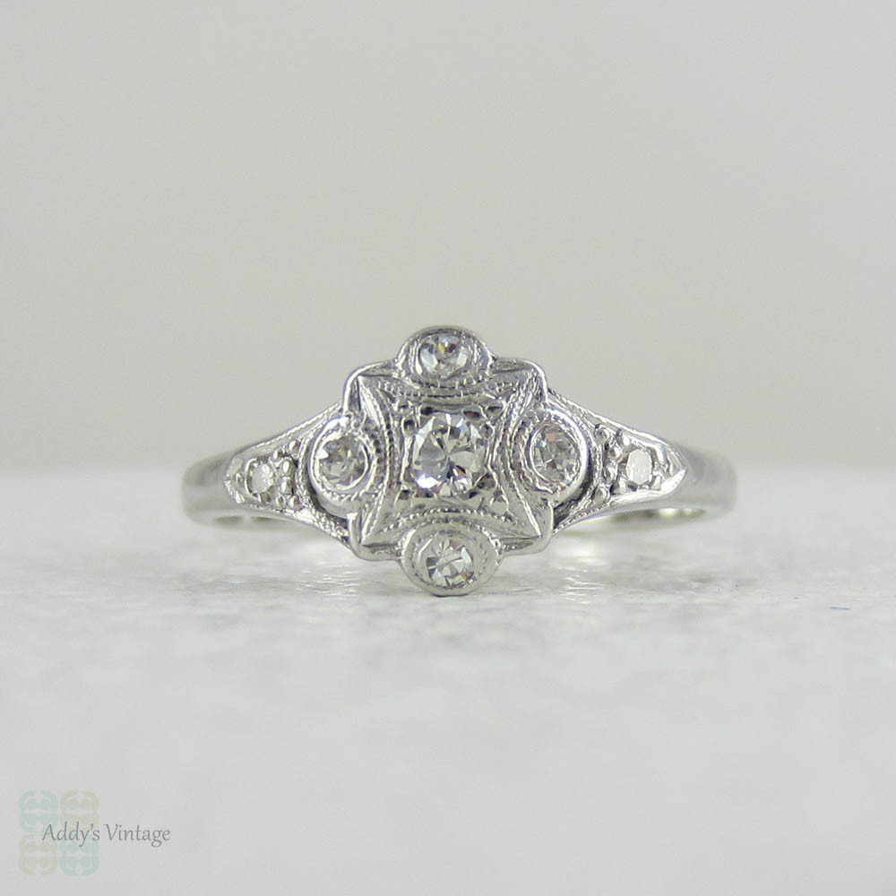 Elegant Art Deco Diamond Engagement Ring, Geometric Diamond Cluster in 18 Carat White Gold.