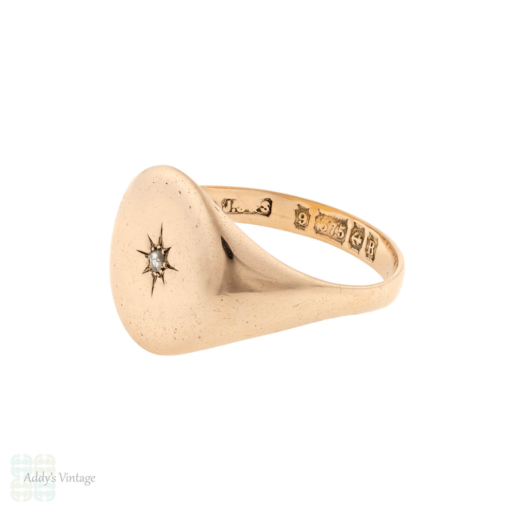 Art Deco 9ct Gold Rose Cut Diamond Signet Ring, Star Engraved 1920s Band.