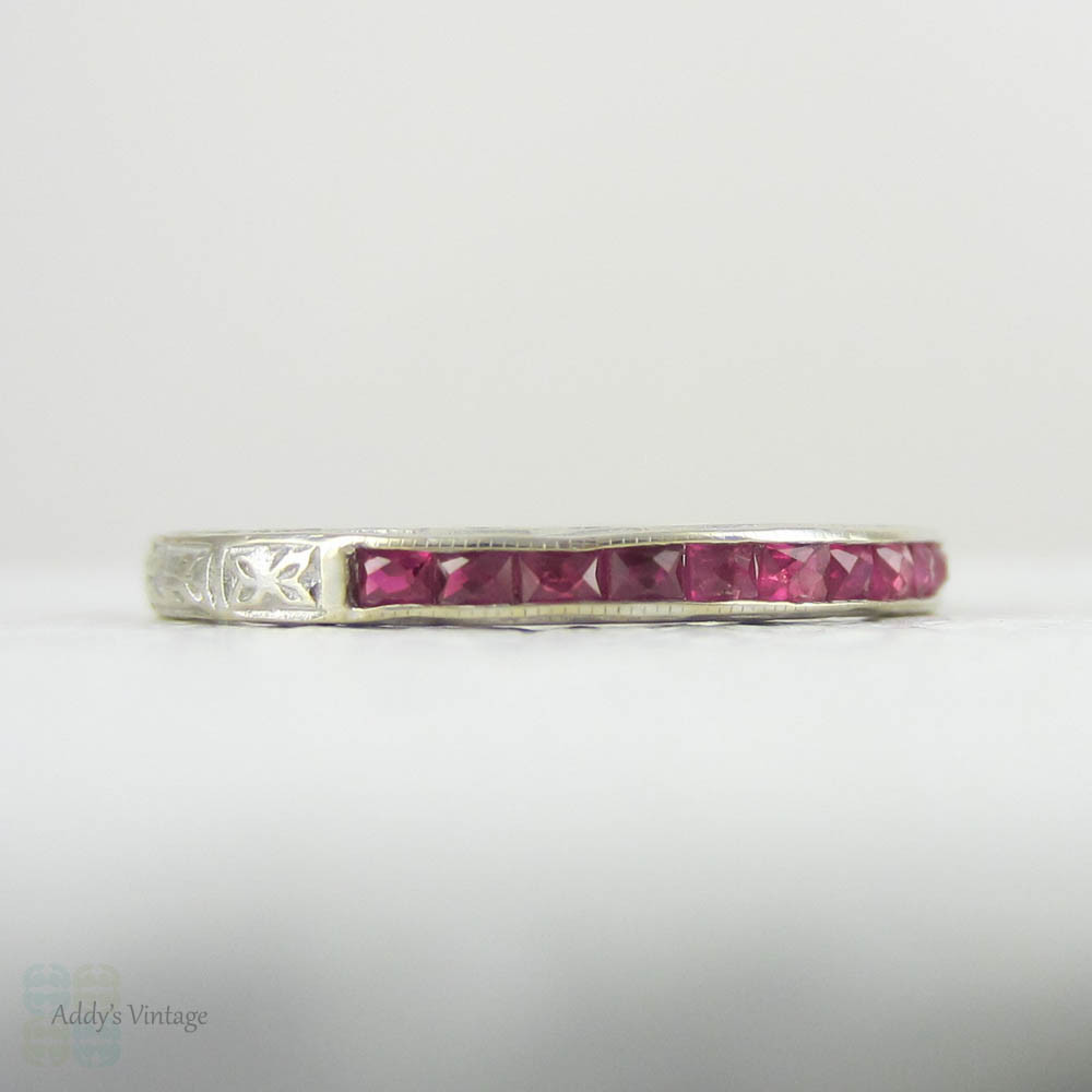 Vintage Ruby Half Hoop Wedding Ring in Engraved 18 Carat White Gold. French Cut Ruby Wedding Band.