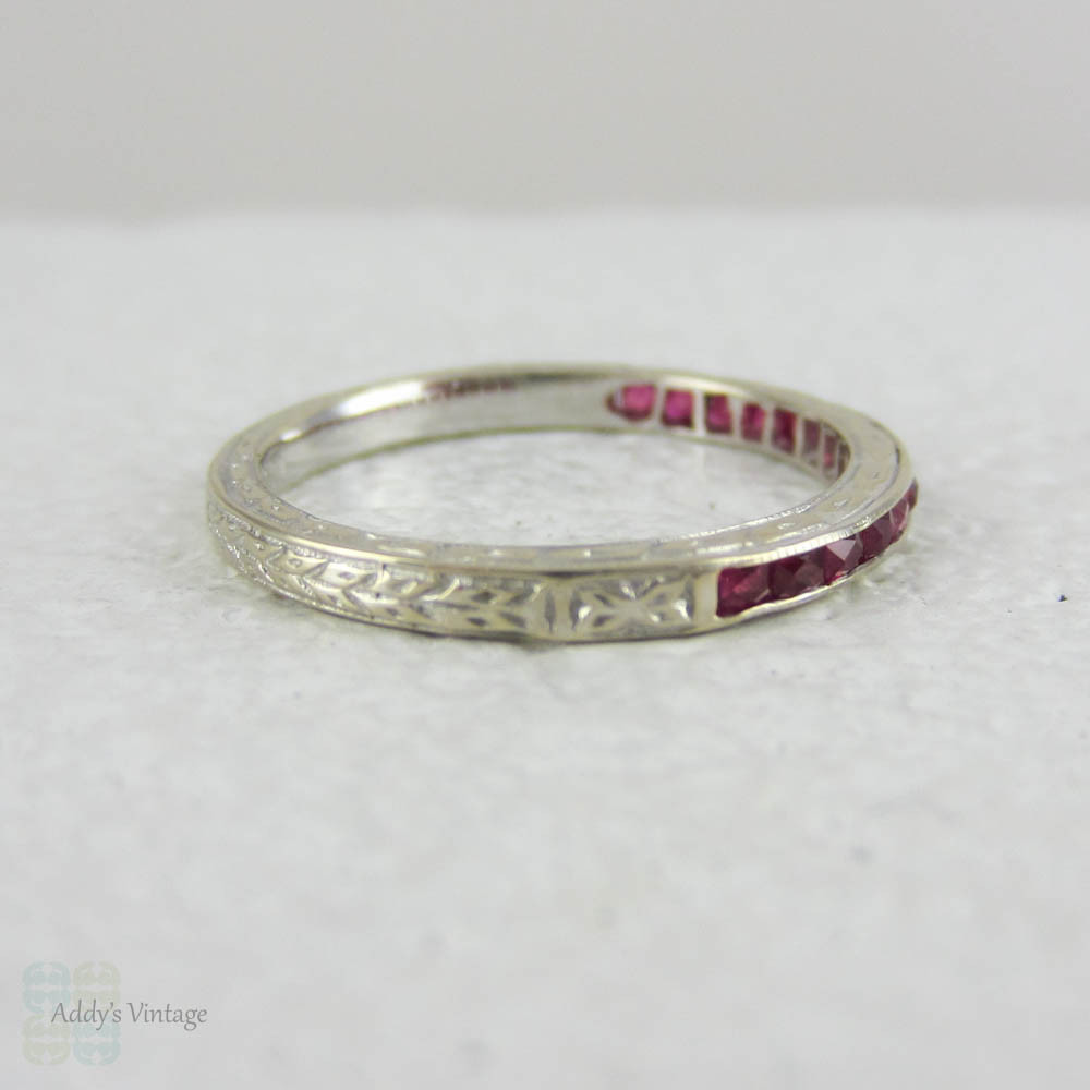 Vintage Ruby Half Hoop Wedding Ring in Engraved 18 Carat White Gold. French Cut Ruby Wedding Band.
