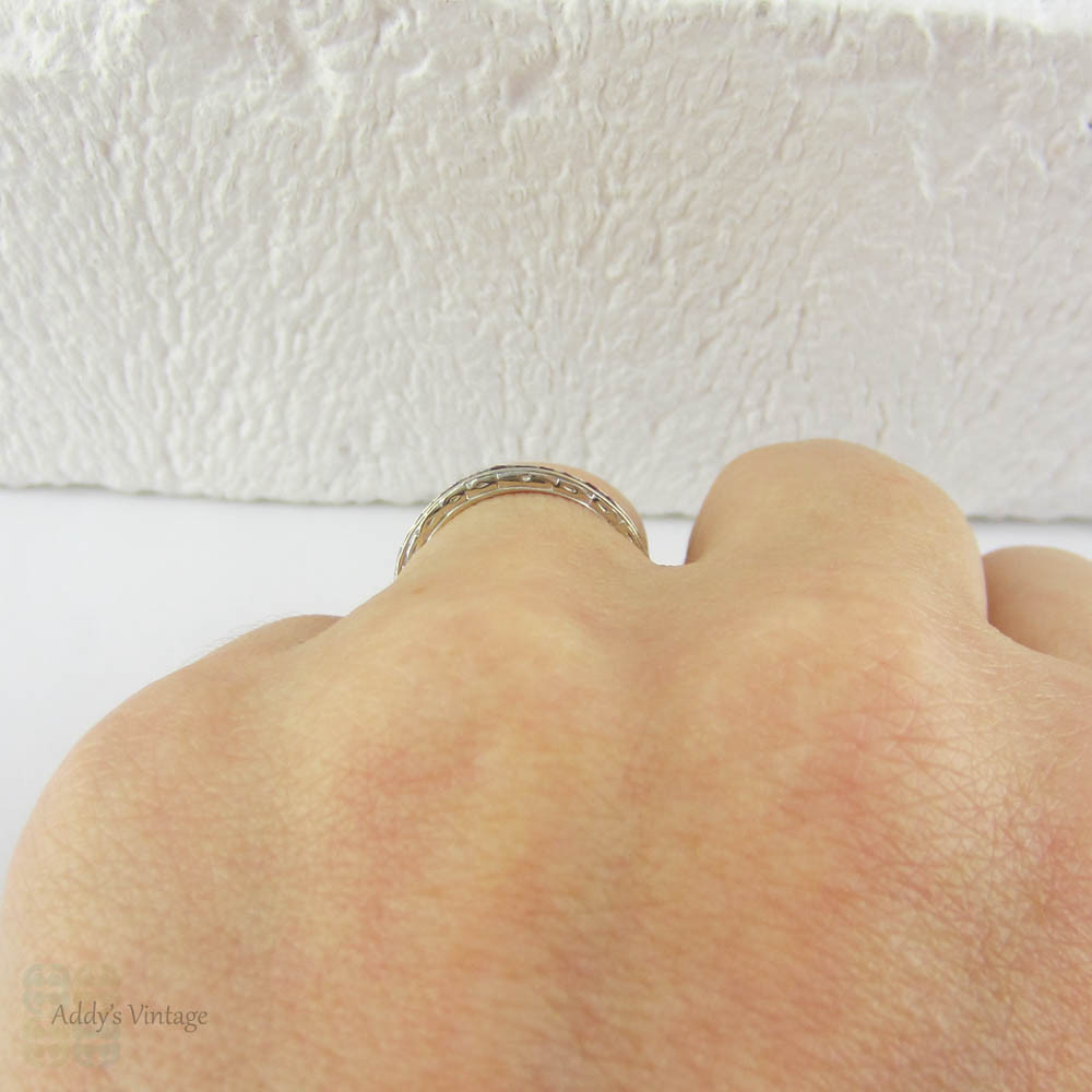 Vintage Ruby Half Hoop Wedding Ring in Engraved 18 Carat White Gold. French Cut Ruby Wedding Band.