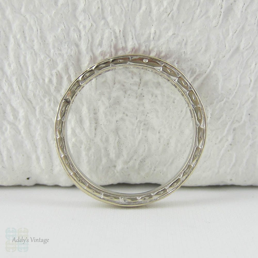 Vintage Ruby Half Hoop Wedding Ring in Engraved 18 Carat White Gold. French Cut Ruby Wedding Band.