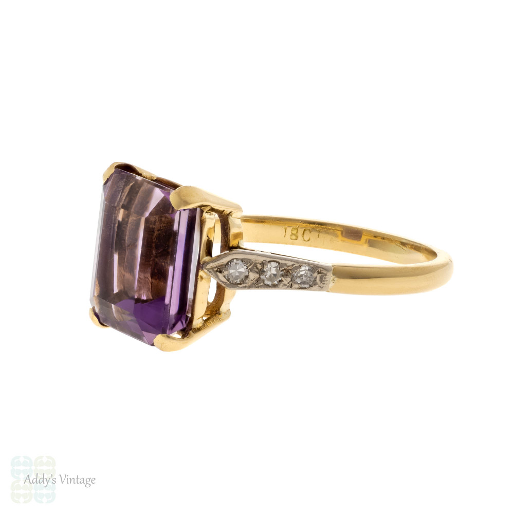 Amethyst & Diamond Engagement Ring, Vintage Step Cut Gem in 18ct Gold.