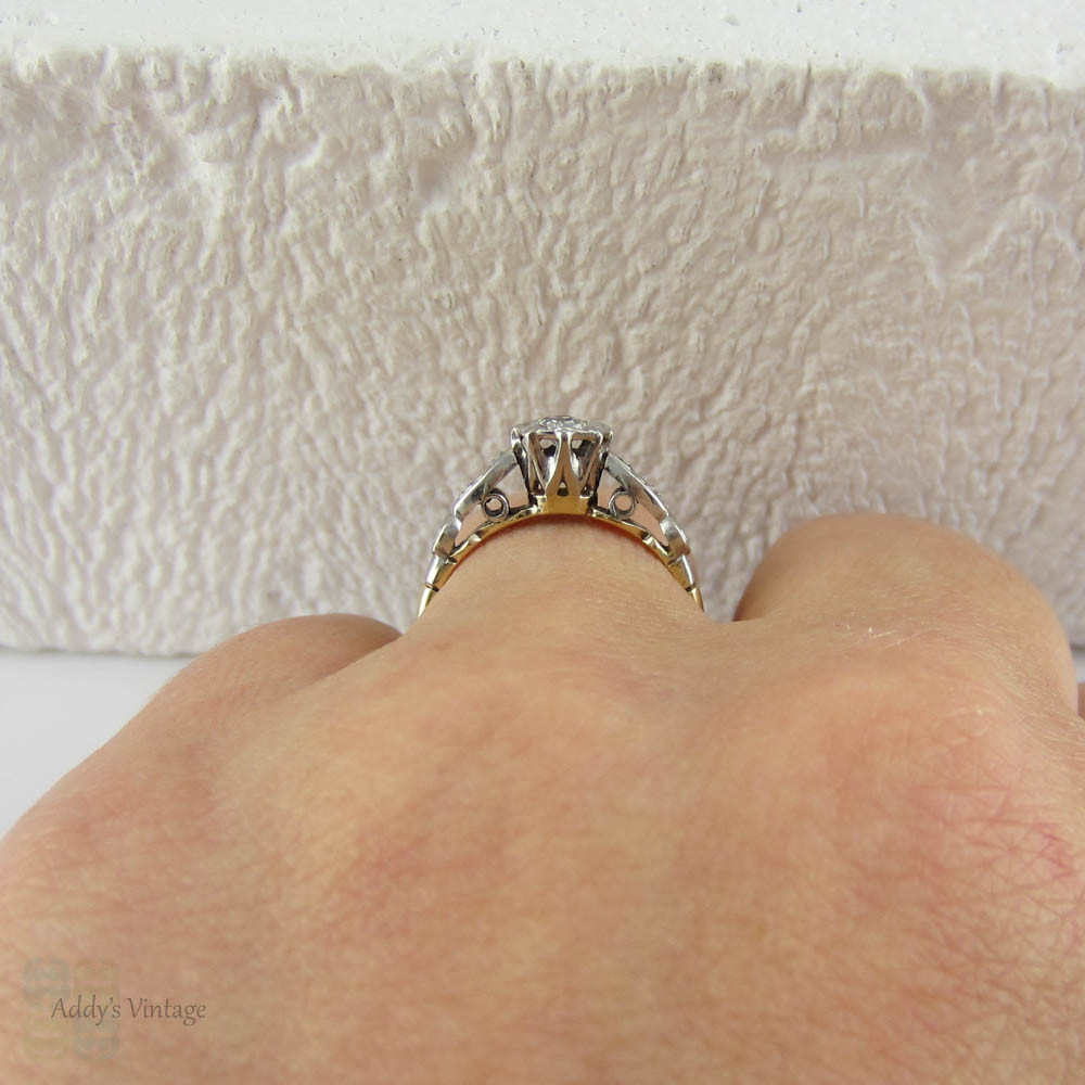 Art Deco Diamond Solitaire Engagement Ring. Old Mine Cut Diamond in Platinum & Yellow Gold Illusion Setting.