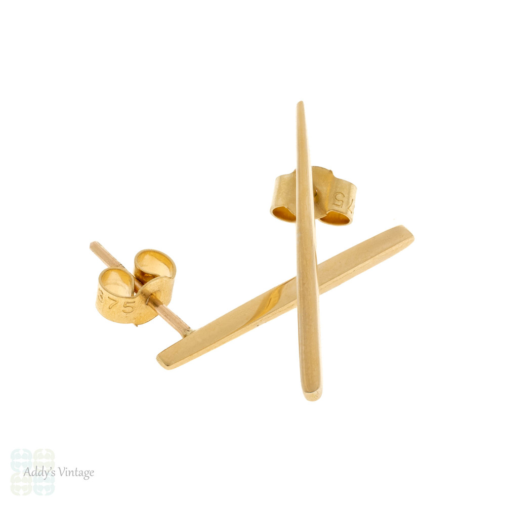 Stylish 15ct Gold Gold Antique Converted Bar Stud Earrings, 9ct Scrolls.