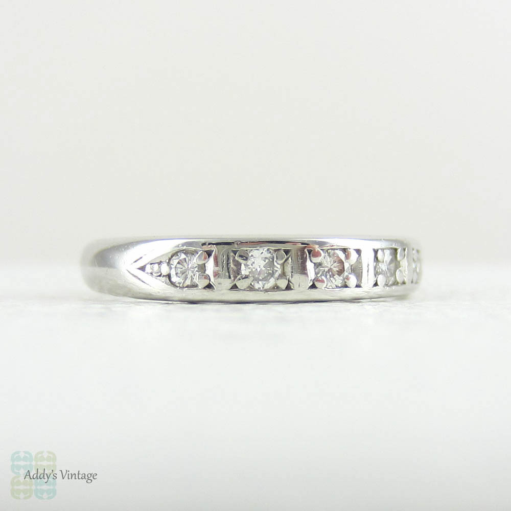 Platinum & Five Stone Round Brilliant Diamond Ring. Vintage 1950s Half Hoop Wedding Band with Pave Set Diamonds. Size F.5 / 3.25.
