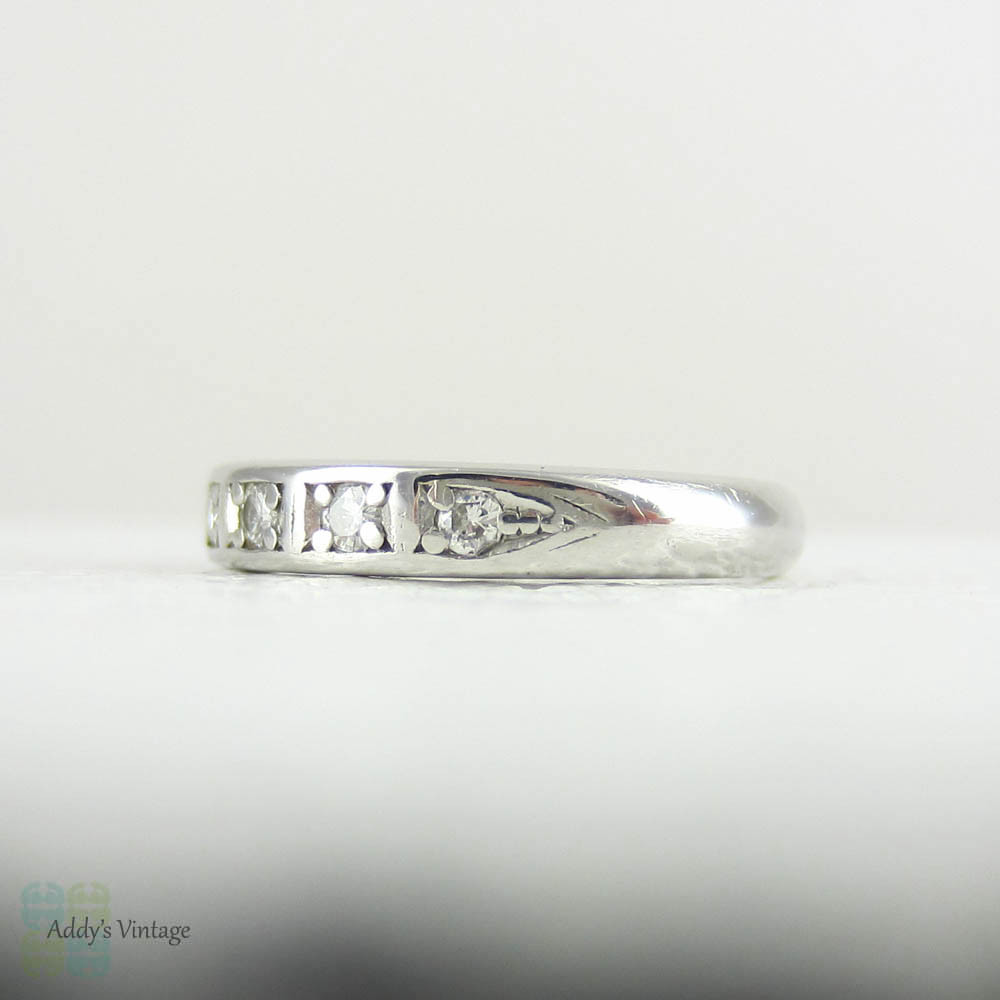 Platinum & Five Stone Round Brilliant Diamond Ring. Vintage 1950s Half Hoop Wedding Band with Pave Set Diamonds. Size F.5 / 3.25.